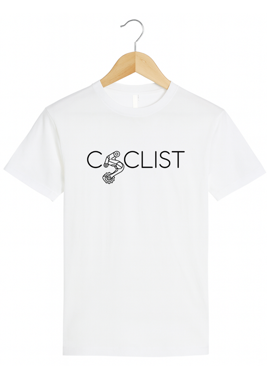 White t-shirt with 'Cyclist' text and graphic on a hanger against a white background