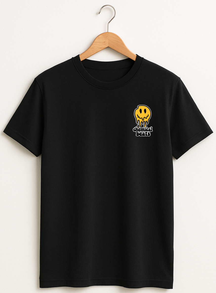 Black t-shirt with a yellow graphic on a hanger against a white background
