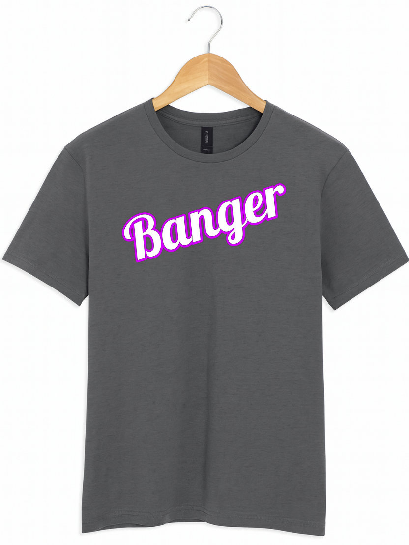 Grey t-shirt with 'Banger' in pink on a wooden hanger against a white background