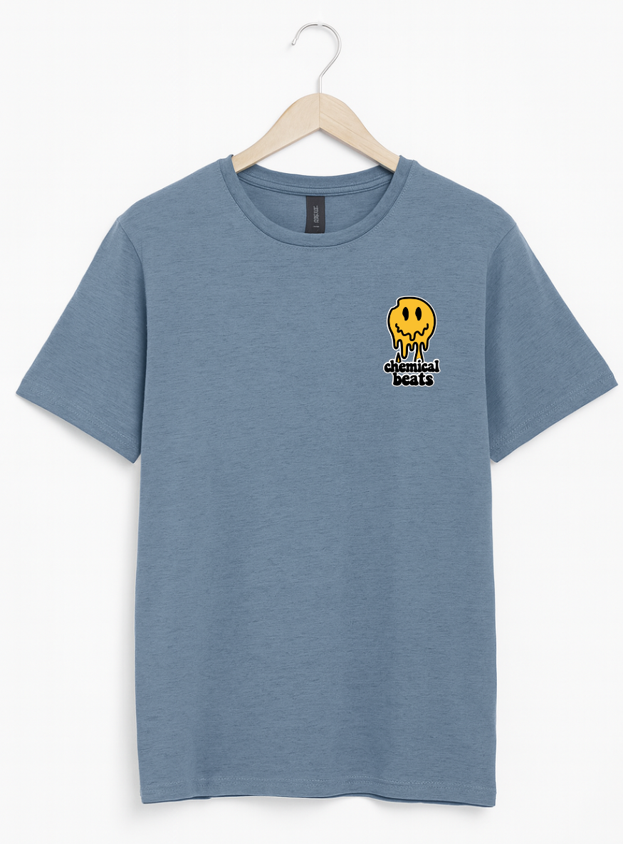 Blue t-shirt with a yellow smiley face design on a hanger against a white background
