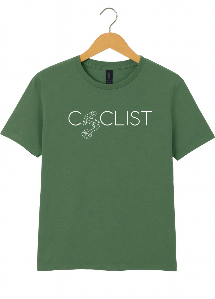Green t-shirt with 'Cyclist' text on a hanger against a white background
