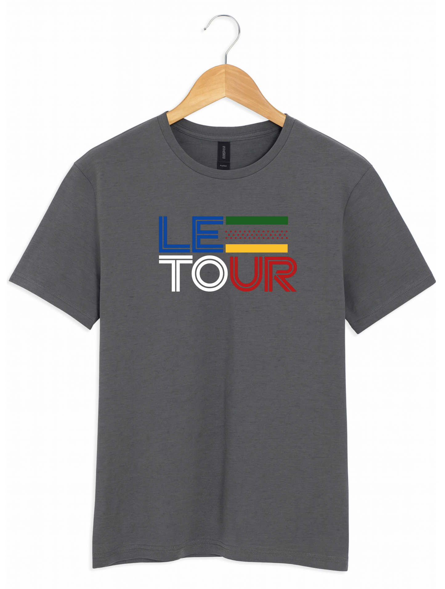 Grey t-shirt with 'LE TOUR' graphic on a hanger against a white background